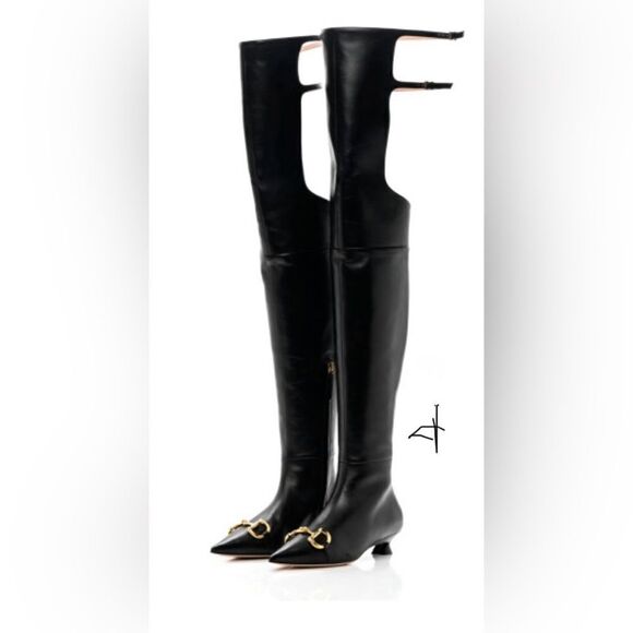 Gucci horsebit heel cutout dress shoes logo Nappa thigh high Over The Knee Boots - Picture 1 of 14